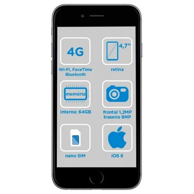 iPhone 6 Apple 64GB 4G iOS 8 Tela 4.7” Câm. 8MP