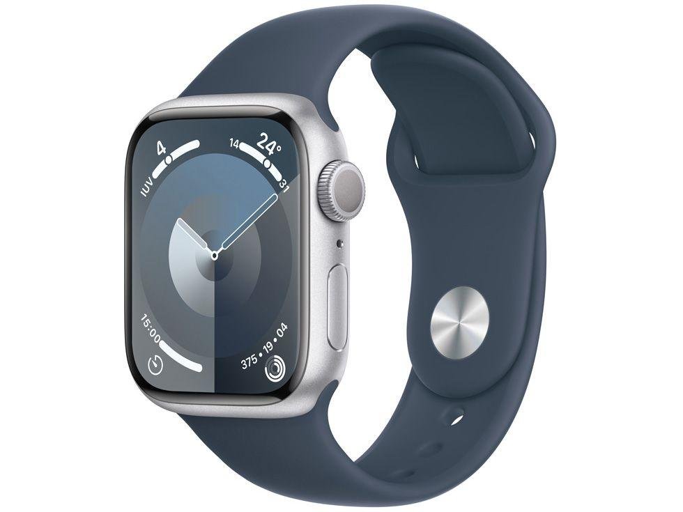 Apple Watch Series 9 GPS Caixa Prateada de Alumínio 41mm Pulseira Esportiva Azul-tempestade M/G