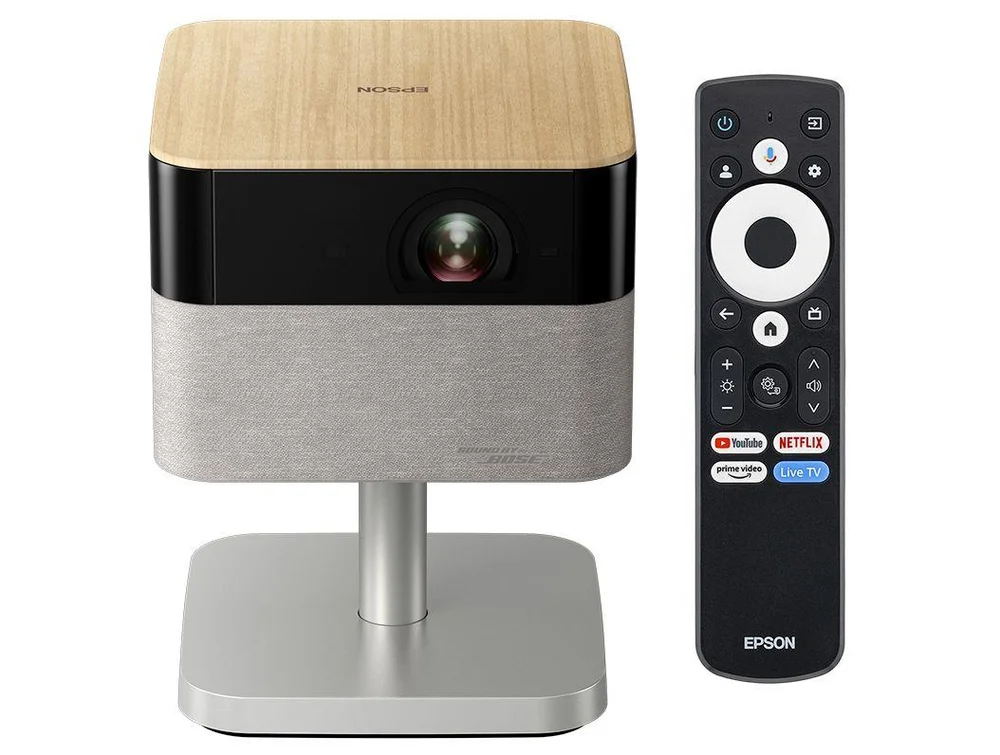 Projetor Portátil com Suporte Ajustável Smart Epson Lifestudio Flex Plus, 4K, PRO-UHD, Som Bose, Google TV, Wi-Fi, Madeira Nobre - EF-72K