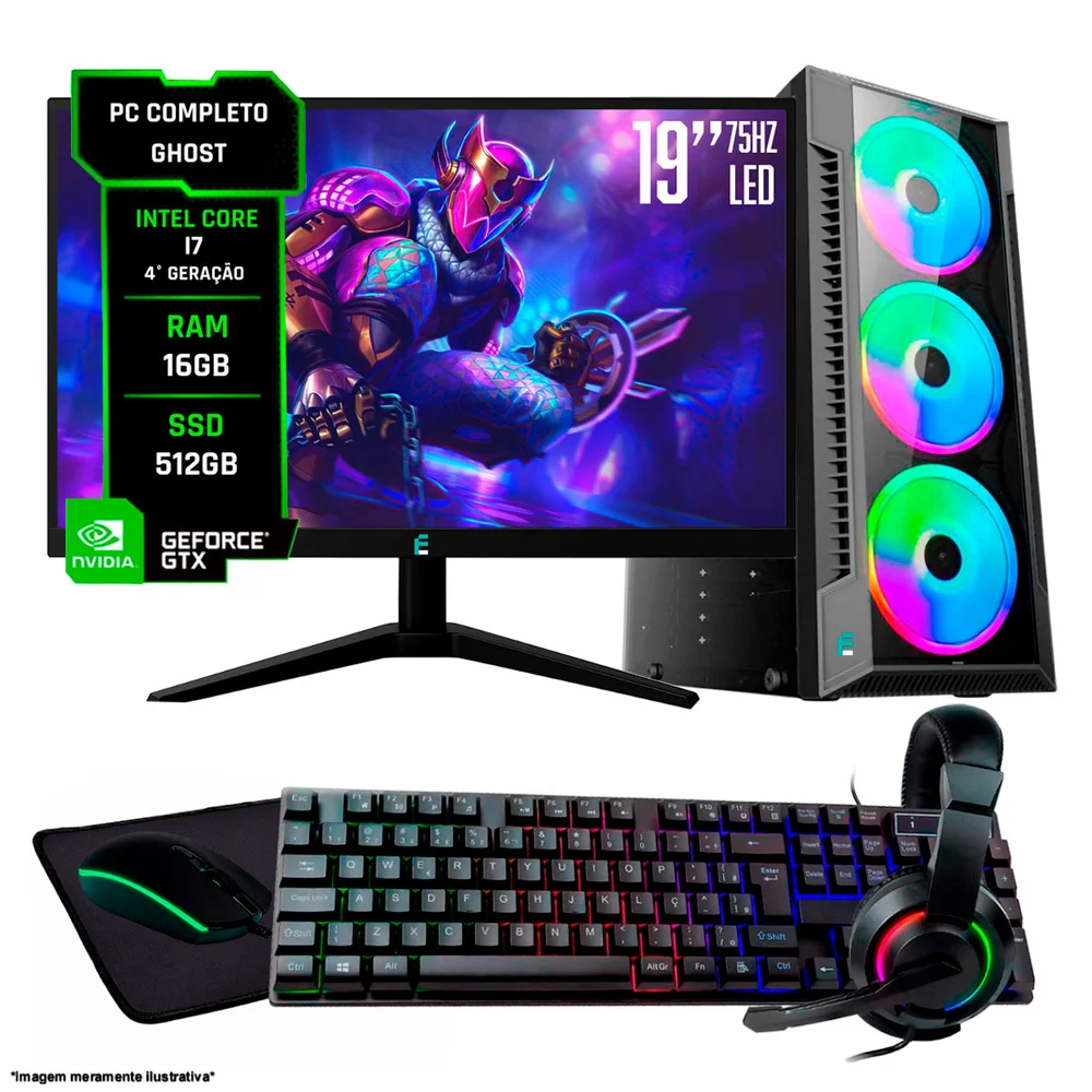PC Completo Ghost i7 4th 16gb SSD 512gb Monitor 19" Kit Periféricos