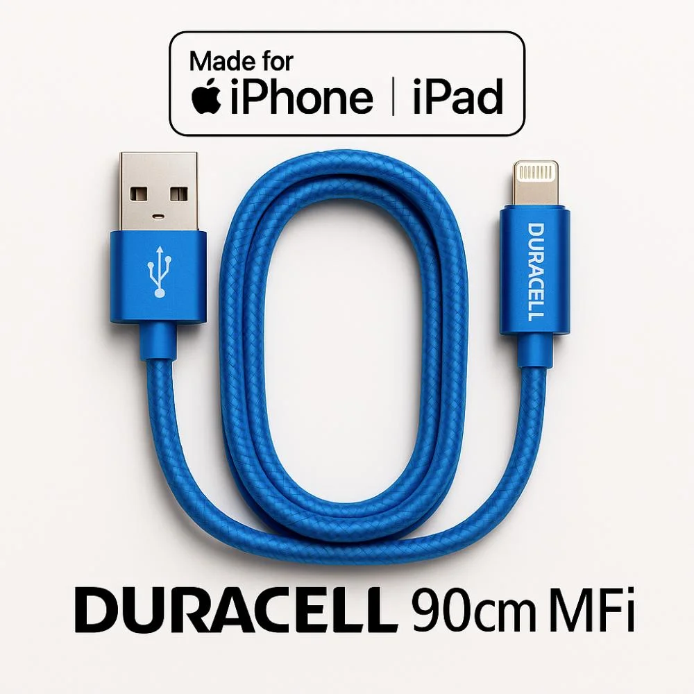 Imagem 2 de 5 do produto Cabo Usb-a Para Lightning Duracell Mfi 90cm Nylon Azul