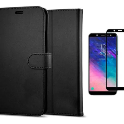Kit Capa Carteira Preta + Película 3d De Vidro Para Samsung Galaxy J6 Plus