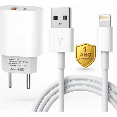 Carregador Turbo 40w Compatível Com Iphone 8 X Xr 11 12 13 14 Pro Max Fonte Com Entradas Usb E Tipo-c