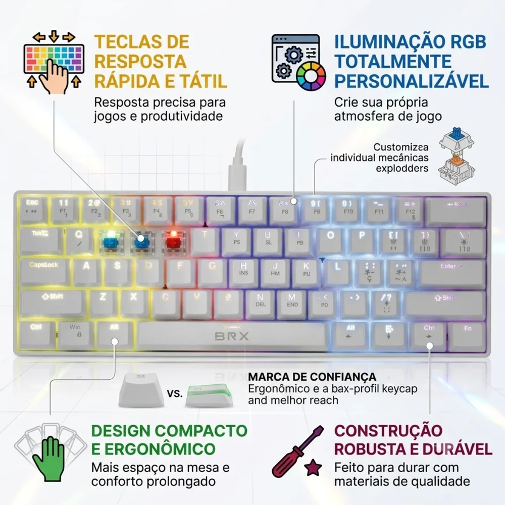 Imagem 4 de 5 do produto Teclado Gamer Brx, Mecânico, RGB, Usb, Branco - Mw405