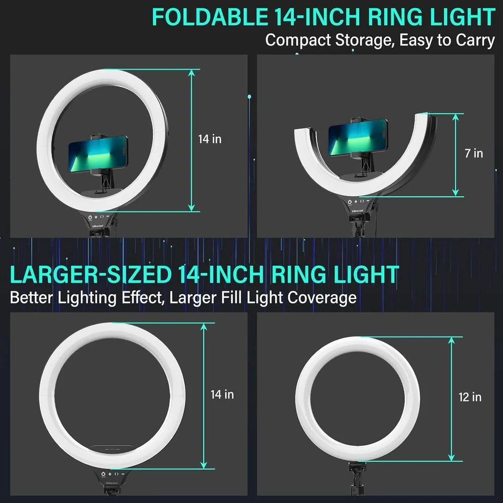 Imagem 4 de 5 do produto Ring Light 14'' Ubeesize Tripé 160cm Dobrável LED Pro Foto