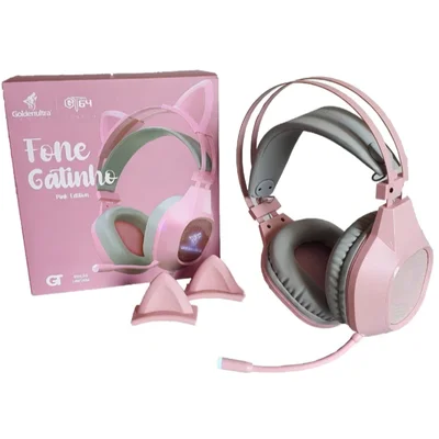 Headset Fone Gamer XBOX Ps4 Ps5 LED RGB Com Fio Gatinho Cor Rosa Goldenultra
