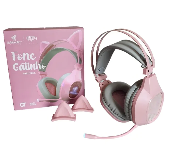 Imagem 1 de 1 do produto Headset Fone Gamer XBOX Ps4 Ps5 LED RGB Com Fio Gatinho Cor Rosa Goldenultra