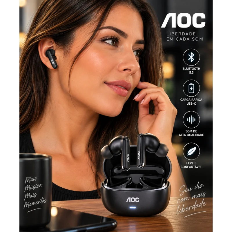 Imagem 3 de 4 do produto Fone De Ouvido Bluetooth Aoc Act1511 Sem Fio Com Microfone Cor Preto