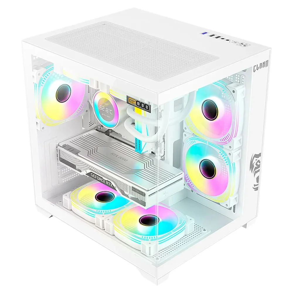 Gabinete Gamer Grodd Clanm Mid Tower Snow Branco Mini-itx Matx Para Vga De 330mm Aço E Vidro 335x275x355mm