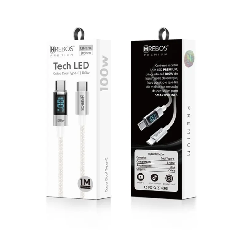 Imagem 3 de 3 do produto Cabo Celular Usb-c 1.0m Hrebos Premium LED Cb-371c