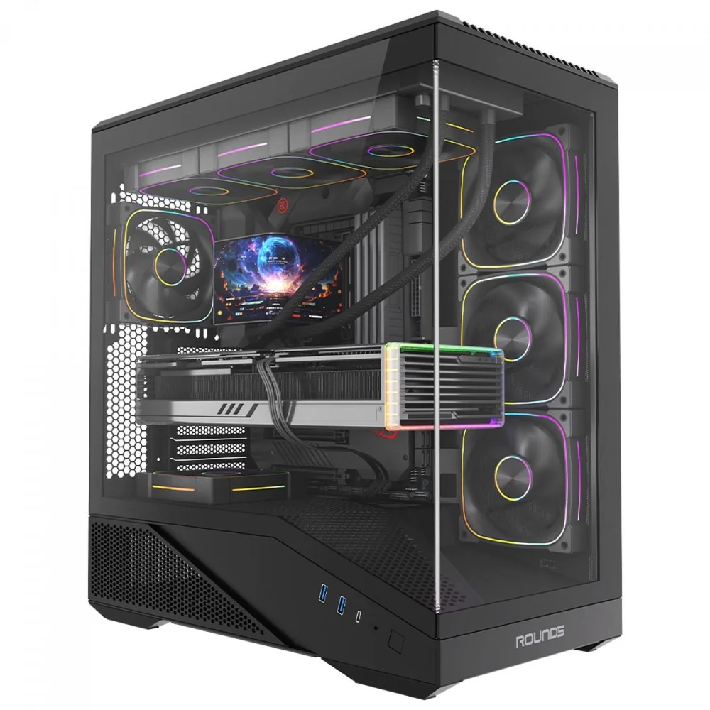 Gabinete Gamer Round5 Icebox Black, Mid Tower, Lateral E Frontal De Vidro, Atx, Com 4 Fans, Preto, R5-icebox-b-2252