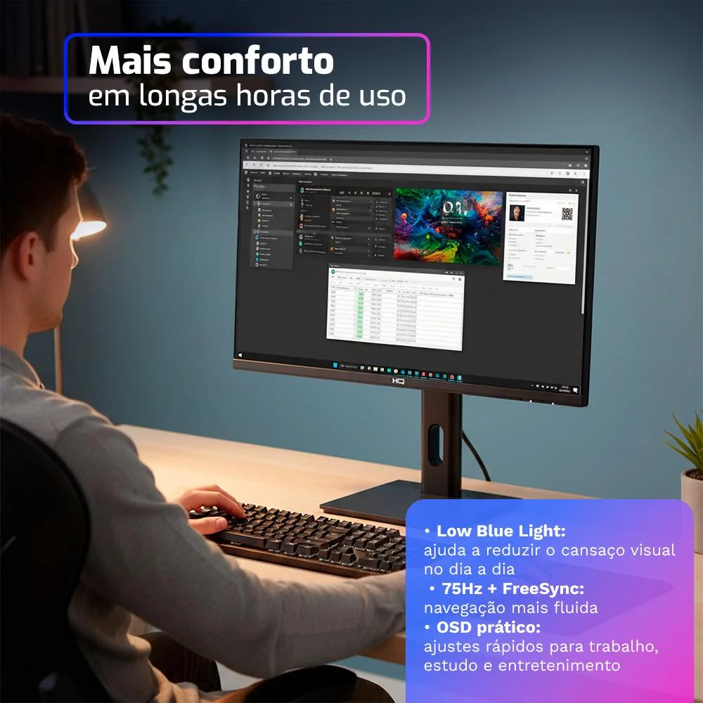 Imagem 2 de 5 do produto Monitor Hq Pro 27”, Ips, 1ms, Qhd 2560x1440, Ergonômico, Ajuste De Altura E Rotação, HDMI + Dp Frameless Hq27aj75