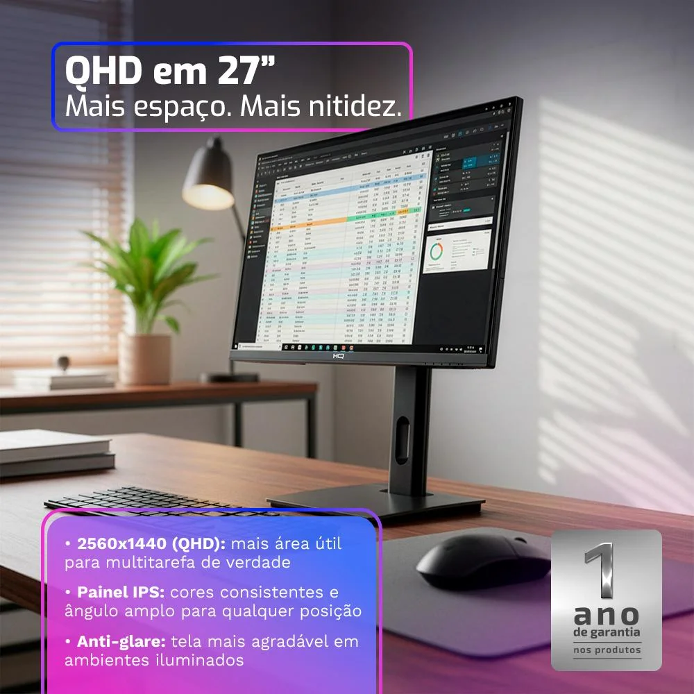 Imagem 4 de 5 do produto Monitor Hq Pro 27”, Ips, 1ms, Qhd 2560x1440, Ergonômico, Ajuste De Altura E Rotação, HDMI + Dp Frameless Hq27aj75