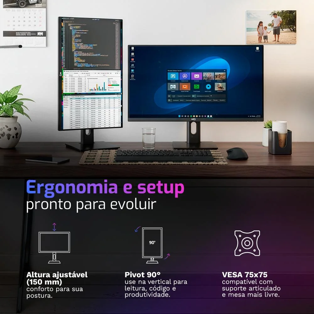 Imagem 5 de 5 do produto Monitor Hq Pro 27”, Ips, 1ms, Qhd 2560x1440, Ergonômico, Ajuste De Altura E Rotação, HDMI + Dp Frameless Hq27aj75
