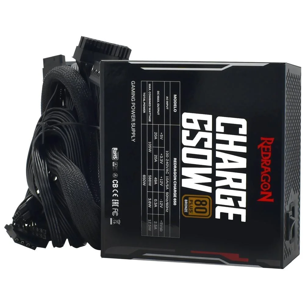 Fonte PC 650w Redragon Charge 80 Plus Bronze, Capacitores 100% Japoneses, Frc-650w
