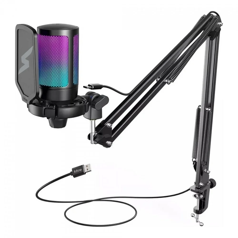 Microfone Gamer Fifine Superframe Edition Sfm1, RGB, Usb, Black, Com Braço Articulado, Fifine Superframe Edition Sfm1