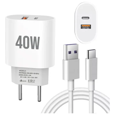 Kit Carregador Super Turbo 40w Porta Dupla (usb-a + Usb-c) + Cabo Usb E Tipo-c, Compatível Com Todos Dispositivos, Iphone 15/16 Ios Android Galaxy, Ta