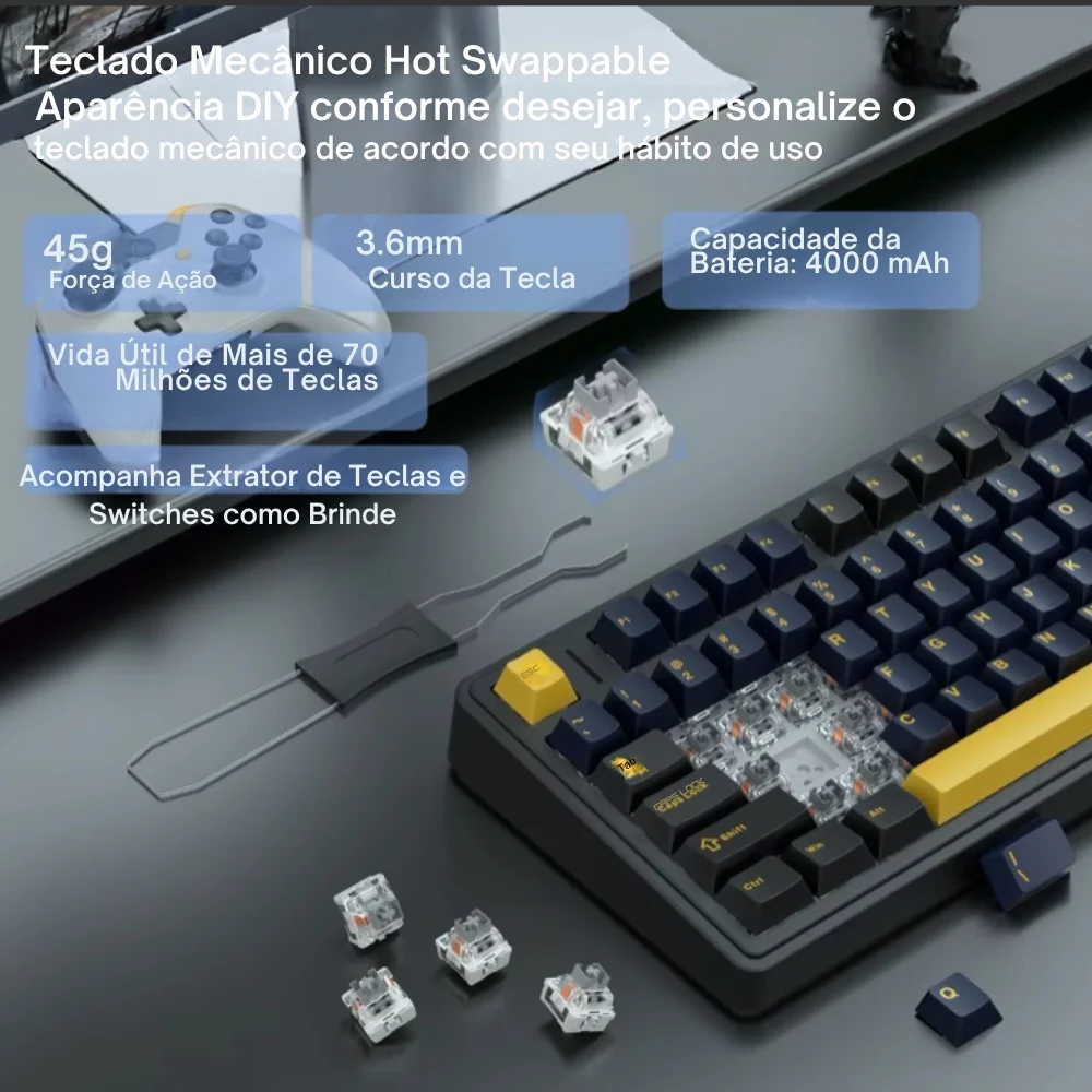 Imagem 2 de 5 do produto Teclado Mecânico Aula F75 Dark Azul Layout Americano Iluminação RGB Conexão Usb
