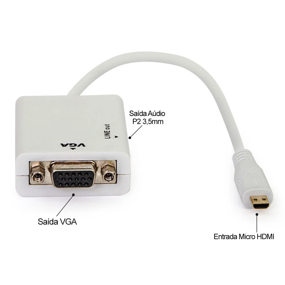 Imagem 2 de 3 do produto Cabo Adaptador Micro HDMI Para Vga Com Áudio, Branco