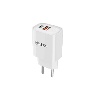 Carregador 20w Hrebos Crg-232 Rápido Usb-c + Usb-a Branco