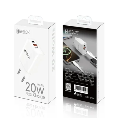 Carregador 20w Hrebos Crg-232 Rápido Usb-c + Usb-a Branco — foto 3