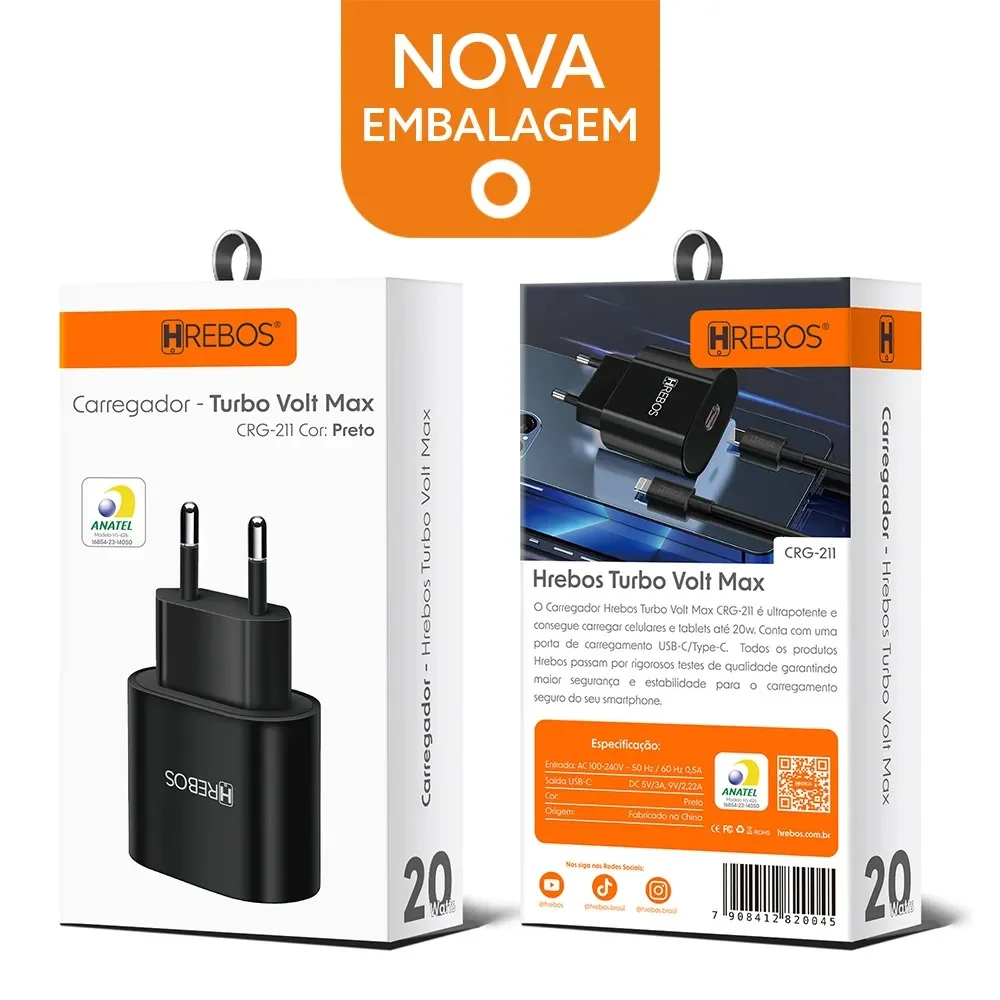 Imagem 2 de 4 do produto Fonte Carregador Usb-c Turbo 20w Volt Max  Hrebos Crg-211 Preto
