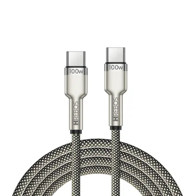 Cabo Carregador 100w Dual Tipo-c Hrebos Turbo Resistente Revestido Em Nylon Premium 2m