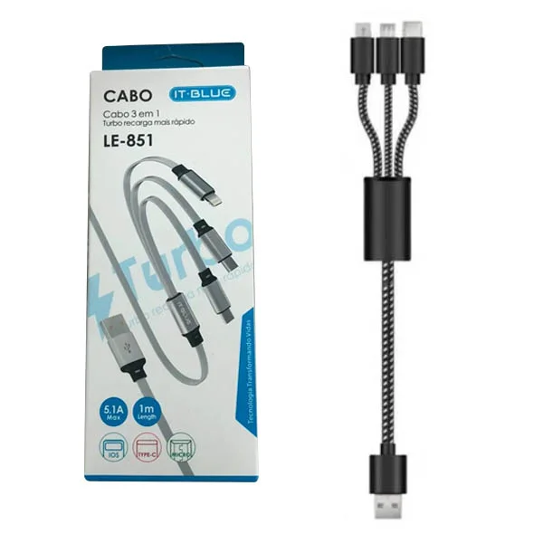 Imagem 1 de 1 do produto Cabo Adaptador 3 X 1 Type Lightning V8 / Usb Lehmox Le-851