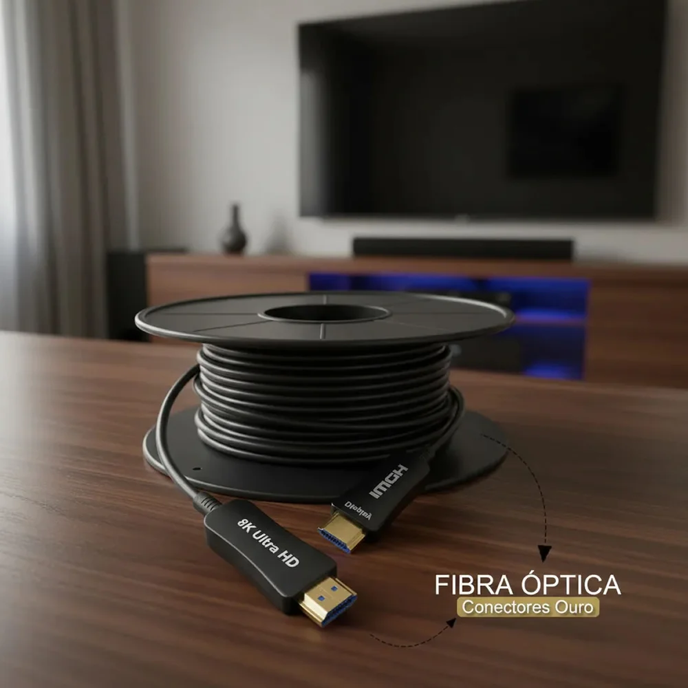 Imagem 5 de 5 do produto Cabo HDMI 2.1 Fibra Óptica 8k 60hz 48g Ouro Tv Ps4 60 Metros
