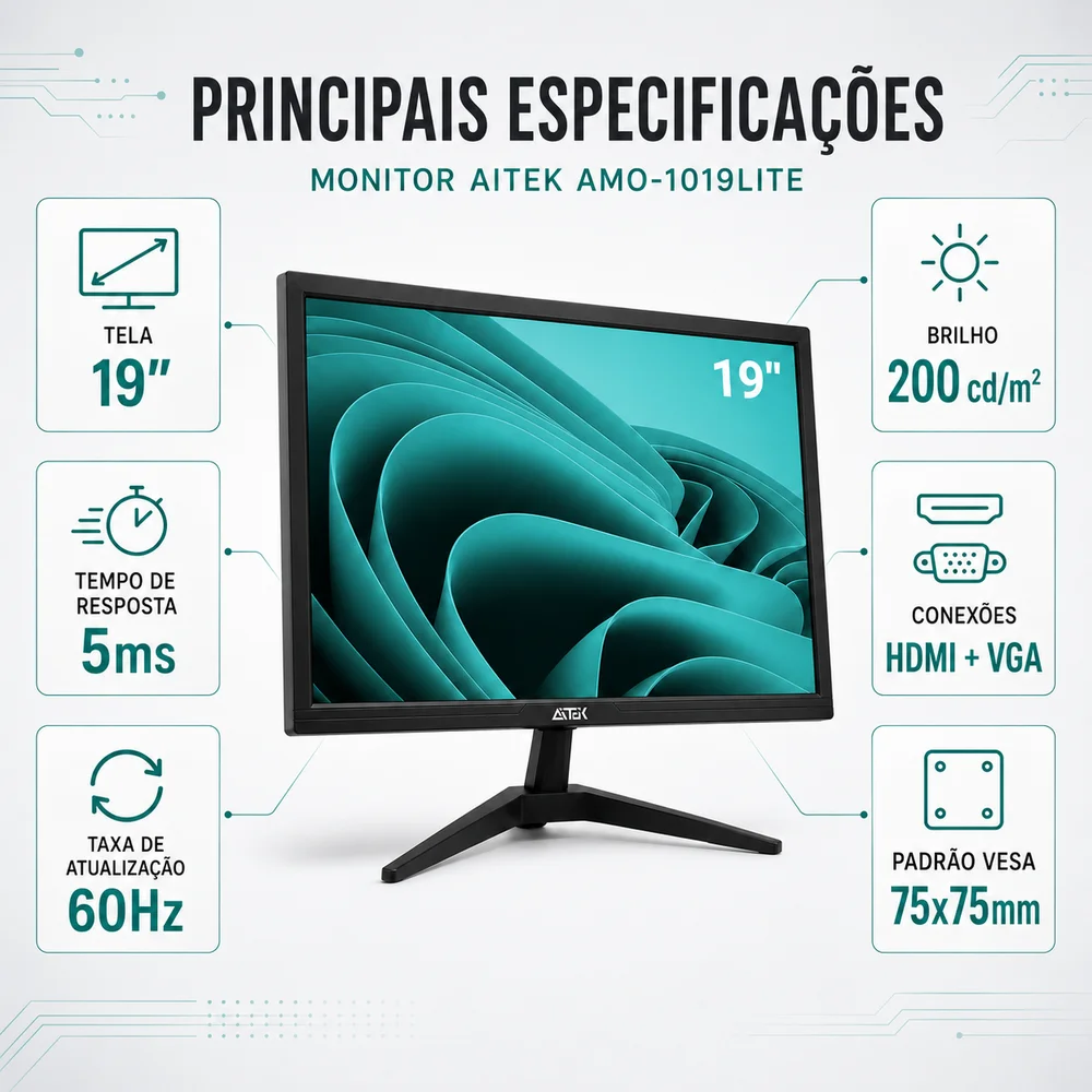 Monitor 19" LED Full HD 60Hz 5ms HDMI VGA VESA Aitek AMO1019LITE