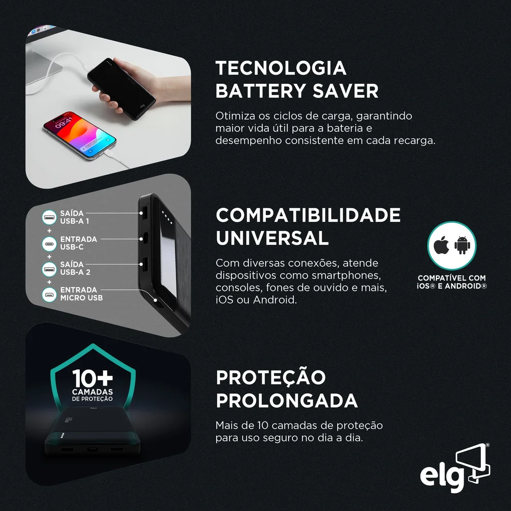 Imagem 3 de 5 do produto Power Bank Carregador Portátil, LED Indicador, 8100mah 10.5w, Turbo, Preto, Pb81bk, Elg