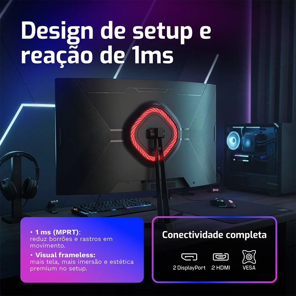 Imagem 3 de 5 do produto Monitor Gamer Hq Ultra 32" Curvo 1ms, 180hz, Quad Hd (qhd) - 2560x1440, Amd Freesync, HDMI, Dp, Hq32c180