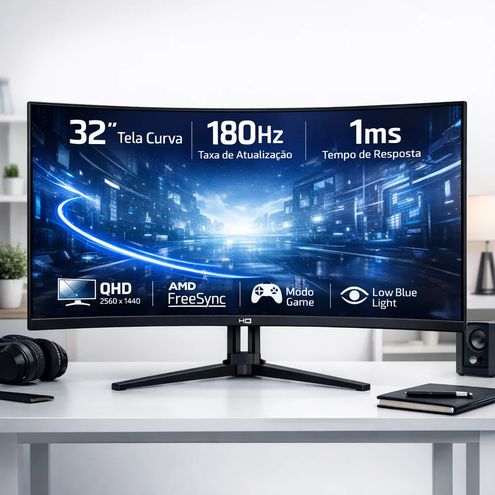 Imagem 4 de 5 do produto Monitor Gamer Hq Ultra 32" Curvo 1ms, 180hz, Quad Hd (qhd) - 2560x1440, Amd Freesync, HDMI, Dp, Hq32c180