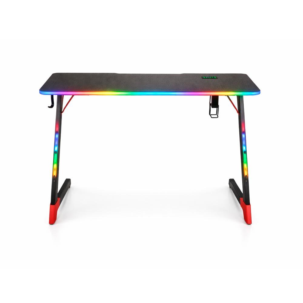 Mesa Gamer Com Iluminação RGB, Suporte Para Headset E Copo, Tampo Com Textura De Fibra De Carbono Para Setup