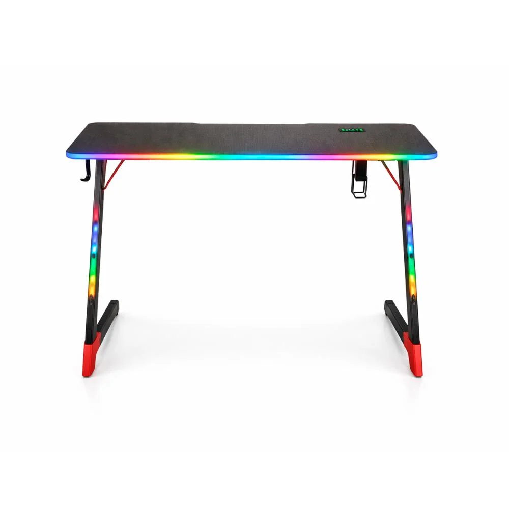 Mesa Gamer Com Iluminação RGB, Suporte Para Headset E Copo, Tampo Com Textura De Fibra De Carbono Para Setup