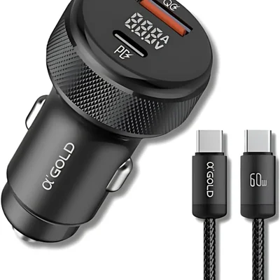 Carregador Veicular Turbo 60w Para Automóvel Carregador De Carro Duas Entradas Com Carregamento Super Rápido + Cabo Usb-c Premium