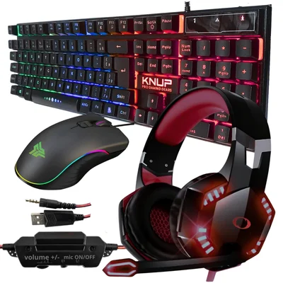 Kit Gamer Teclado Semi Mecânico RGB + Mouse 7 botões 4800 Dpi Led Rainbow Headset Drive 50mm Microfone Led Pc Notebook