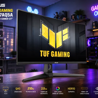 Monitor Gamer Asus Tuf 27 Pol, Qhd, 210hz, 0.3ms, Fast Ips, G-sync Compatible, Freesync Premium, Hdr10, Som Integrado, Vg27aq5a