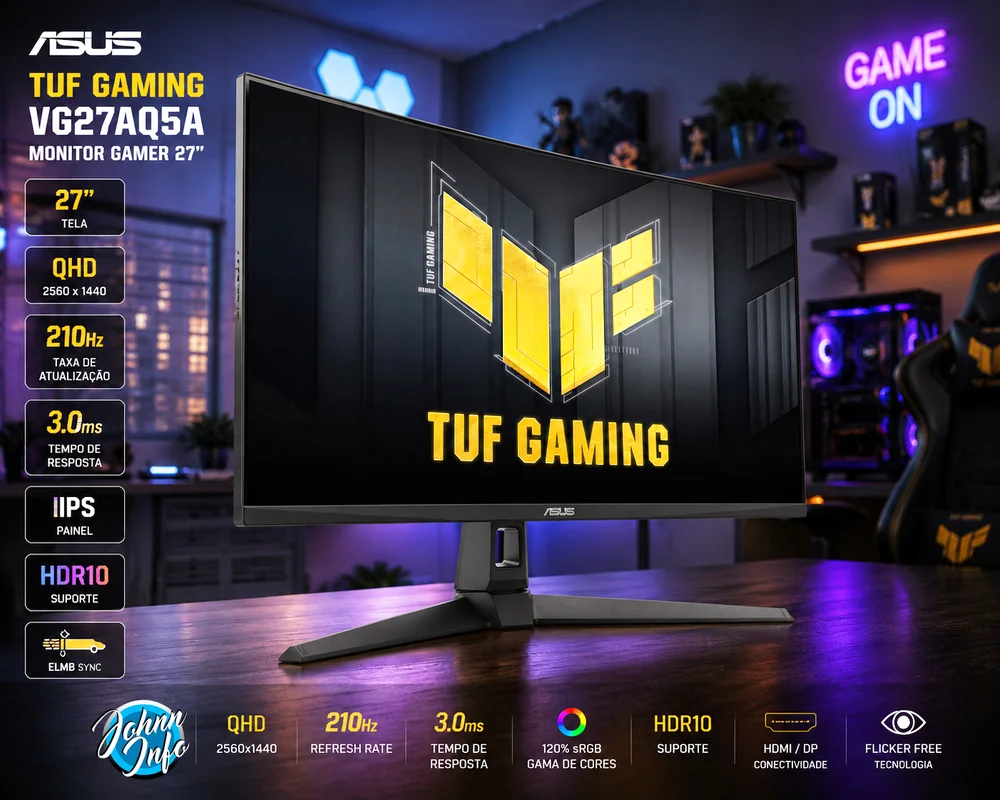Monitor Gamer Asus Tuf 27 Pol, Qhd, 210hz, 0.3ms, Fast Ips, G-sync Compatible, Freesync Premium, Hdr10, Som Integrado, Vg27aq5a