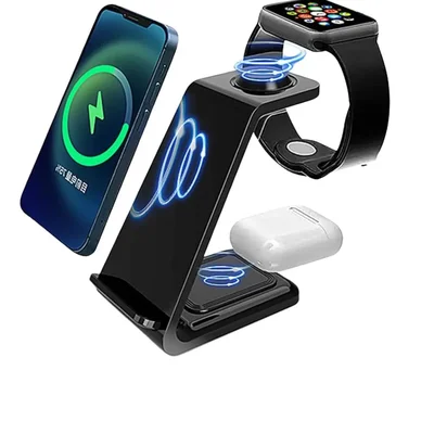 Carregador Indução Rápido Inova 3 em 1 para iPhone Apple Watch Preto