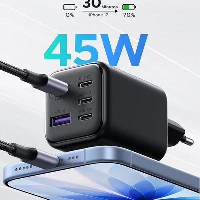 Carregador Ugreen 45w 5 ( Portas Gan ) Carregamento Super-rápido 2.0 Para Galaxy S26 S25 S24 S23 S22 Ultra Compatível Iphone 17 Pro Max Air 16 15 14