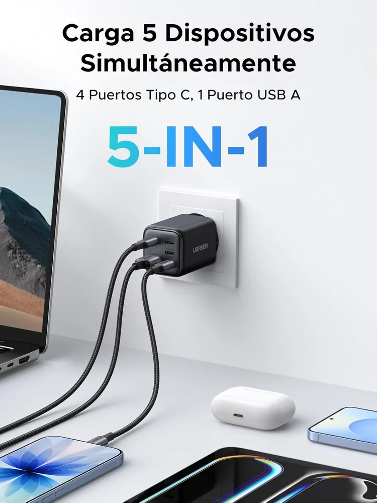 Imagem 4 de 5 do produto Carregador Ugreen 45w 5 ( Portas Gan ) Carregamento Super-rápido 2.0 Para Galaxy S26 S25 S24 S23 S22 Ultra Compatível Iphone 17 Pro Max Air 16 15 14