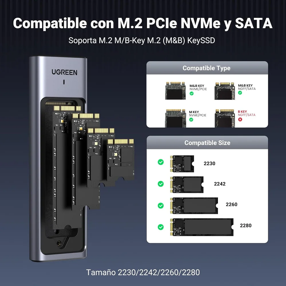 Case Ugreen Para SSD M.2 PCie Nvme & Sata Ngff Usb-c / Tipo-c 3.2 10 Gbps, Gen 2 Modelo (cm559/90408)