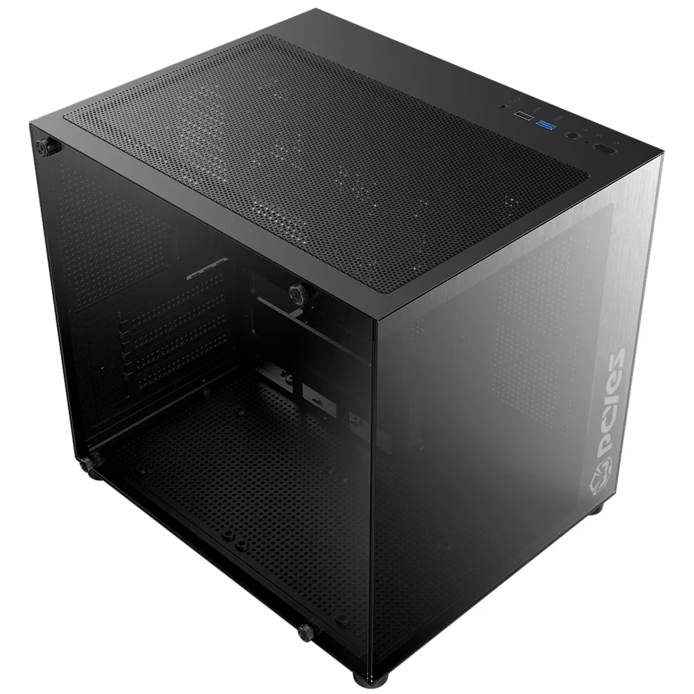 Imagem 3 de 5 do produto Gabinete Gamer Aquário PCyes Forcefield Mini Black Vulcan, Frontal E Lateral Em Vidro Temperado, Usb 3.0, Micro Atx, Preto - Gffmnbv