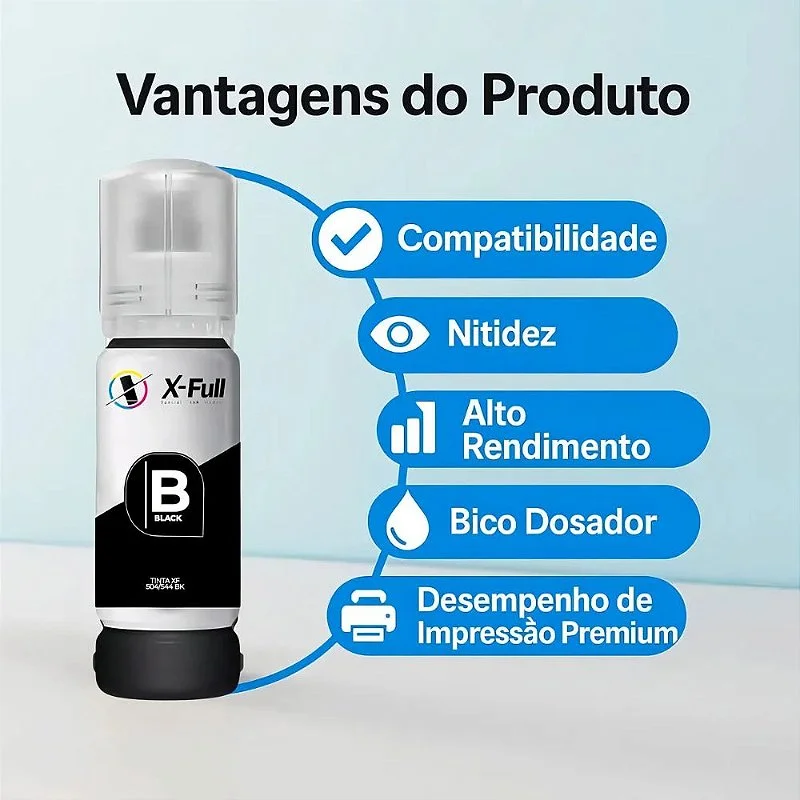 Kit 5 Tintas Corante X-full Compatível Epson T504 | T544 | L3250 | L3150 | L3110 | L3210 | 504 | 544