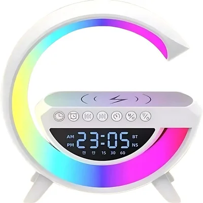 Luminaria Caixa Som Bluetooth Carregamento Sem Fio Radio Fm Relogio Alarme 7 Cores Usb Aux Tf Card