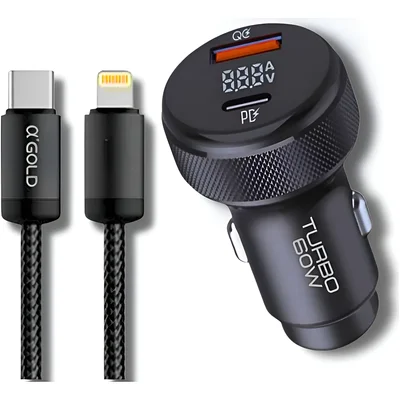 Kit Carregador Veicular 60w Display + Cabo Compatível Iphone Preto