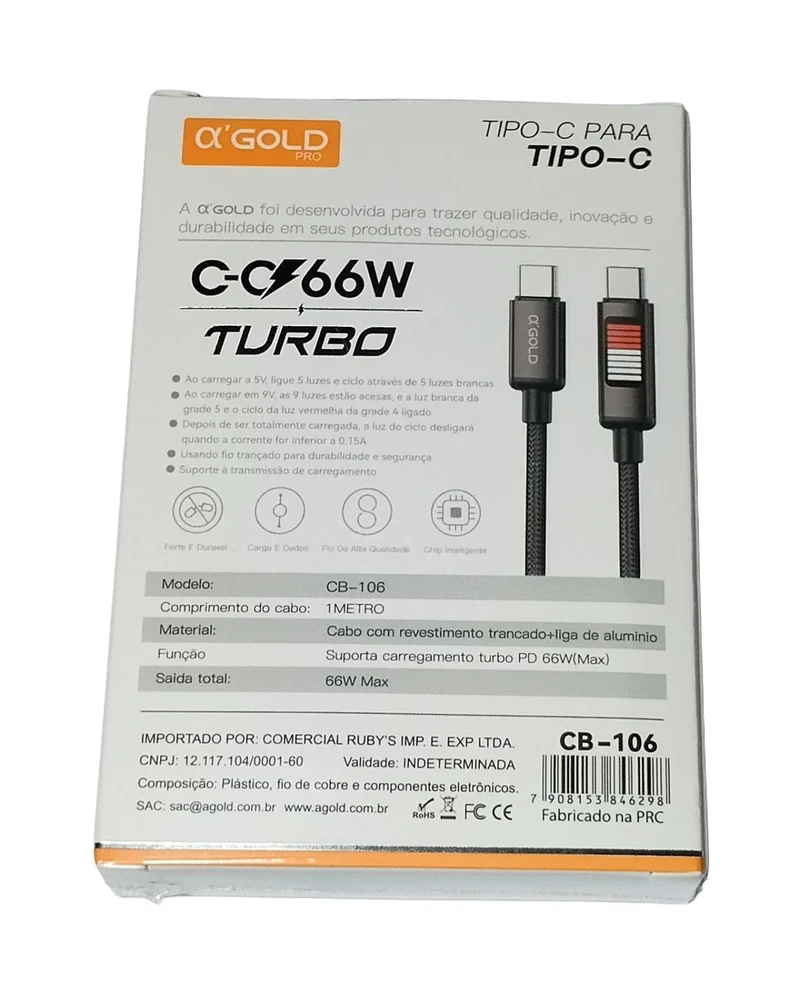 Imagem 4 de 4 do produto Cabo 66w Tipo-c Turbo 1m LED 5v 9v Reforçado A'gold