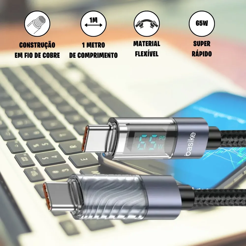 Imagem 2 de 4 do produto Cabo Carregador Turbo Com Display Digital Usb-c / Usb-c 65w