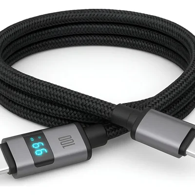 Cabo Carregador Rápido, 100W, Turbo USB-C, Display LED, para iPhone 15/16/17, Samsung, Xiaomi - Nylon Trançado Preto